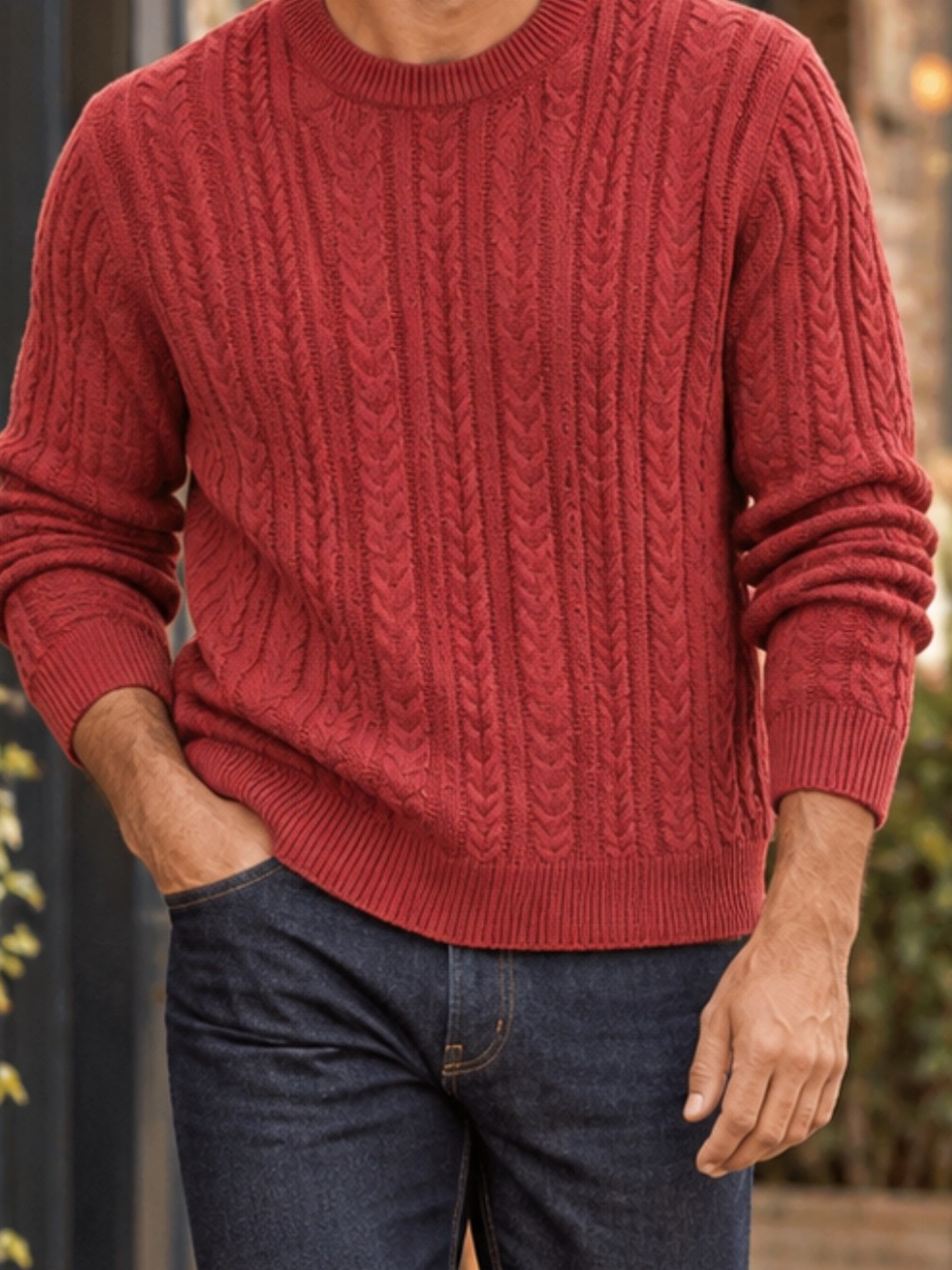 Hickey Freeman Men's Cable Knit Silk/Cotton Crewneck Sweater - Bright Red-Large